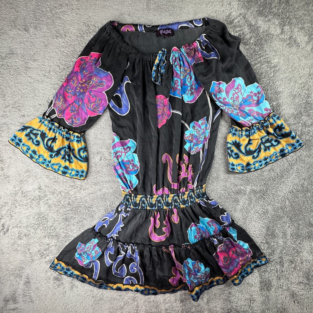 Hale Bob Silk Boho Dress XS Black Aqua Paisley Floral Bell Sleeve Off Shoulder